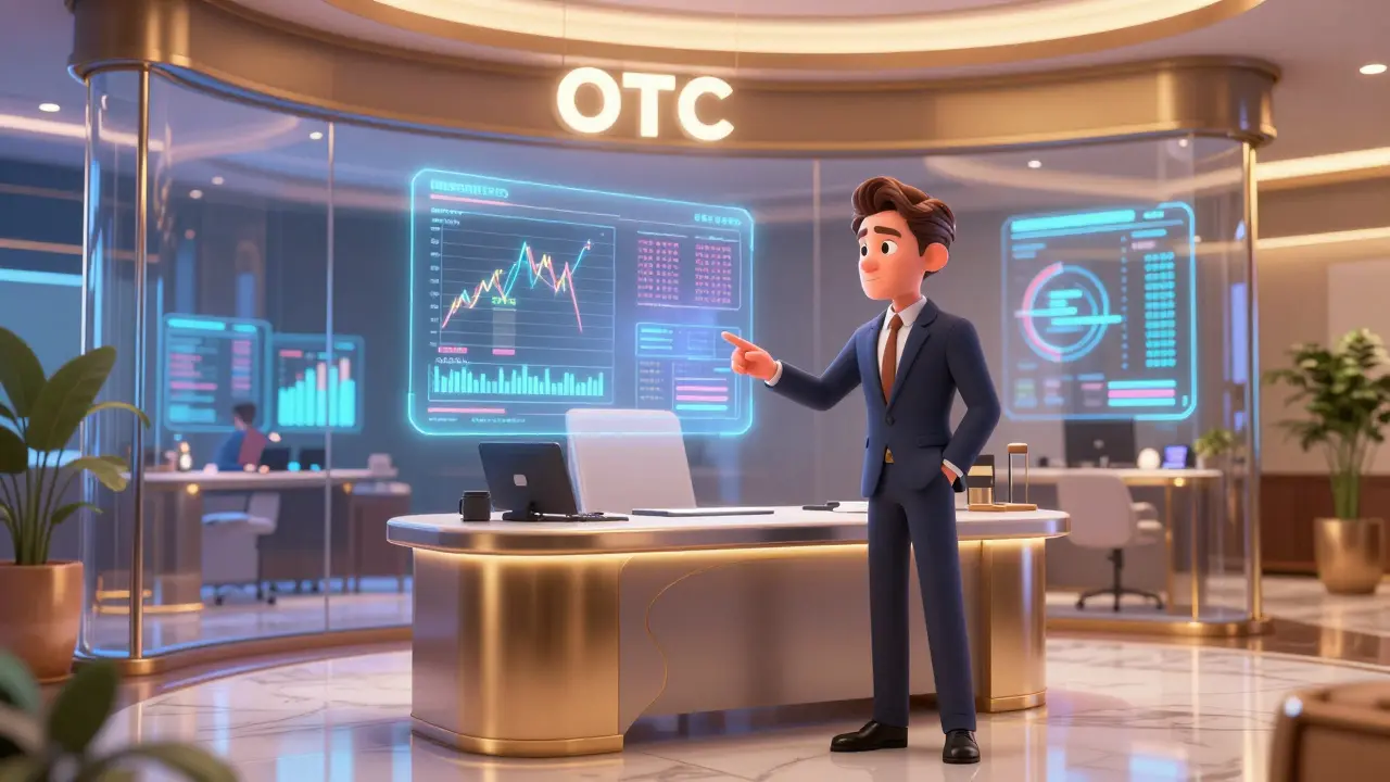 Luxurious private OTC trading desk with holographic charts in a sleek Singapore office