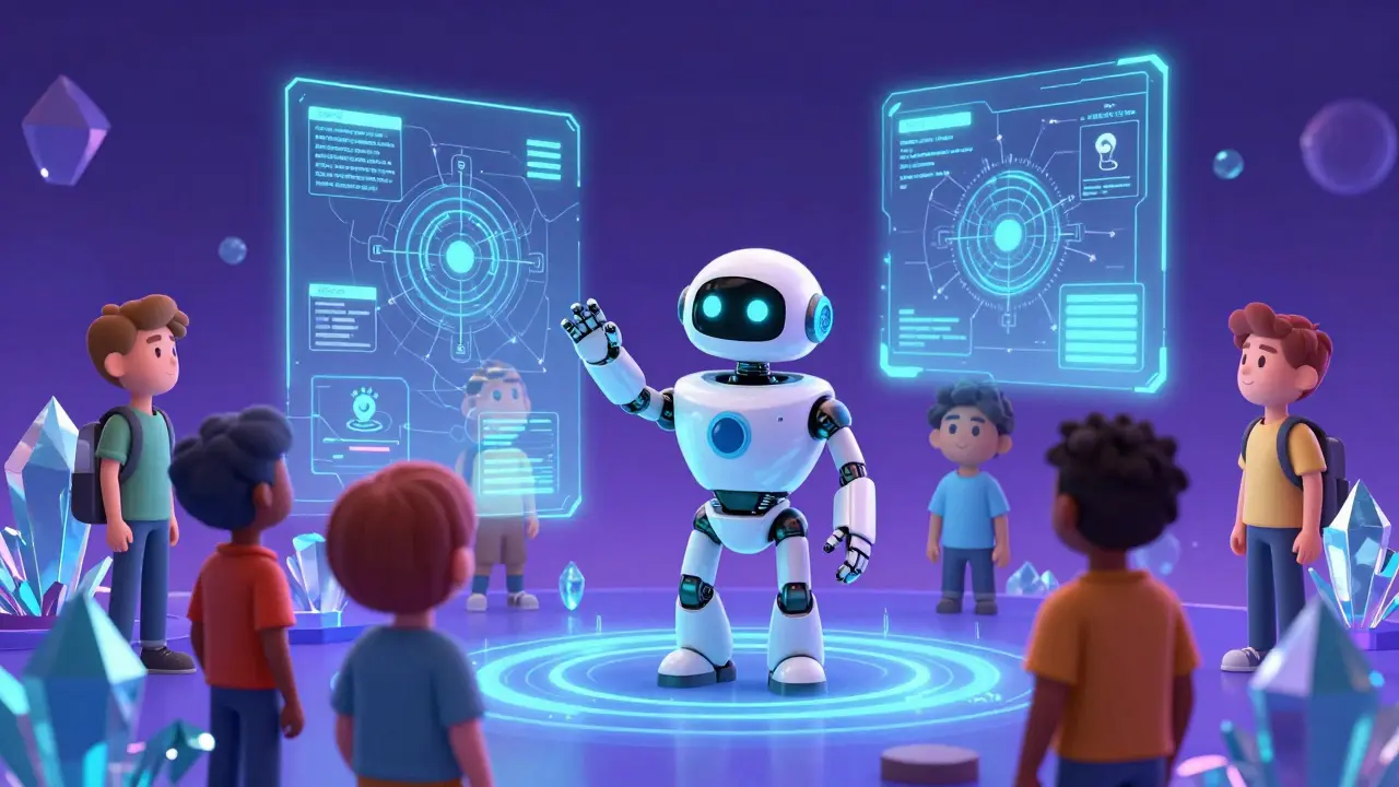 People and a robot pilot exploring a glowing blockchain landscape