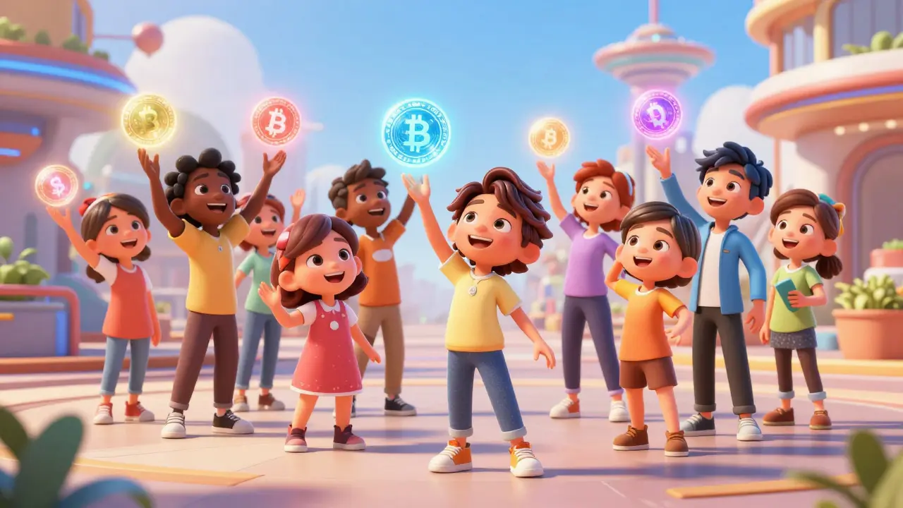 People happily exchanging colorful glowing crypto spheres in a futuristic plaza