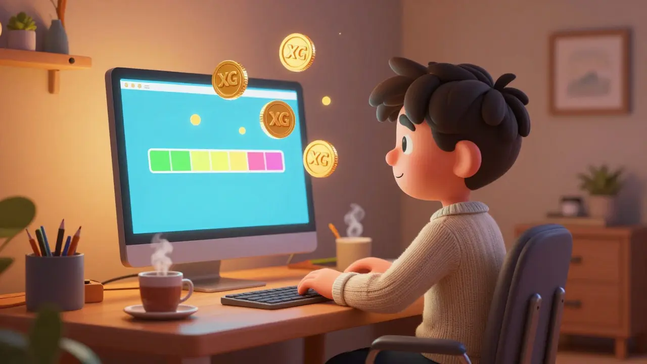 Person mining XDAG cryptocurrency on a home computer in a cozy room