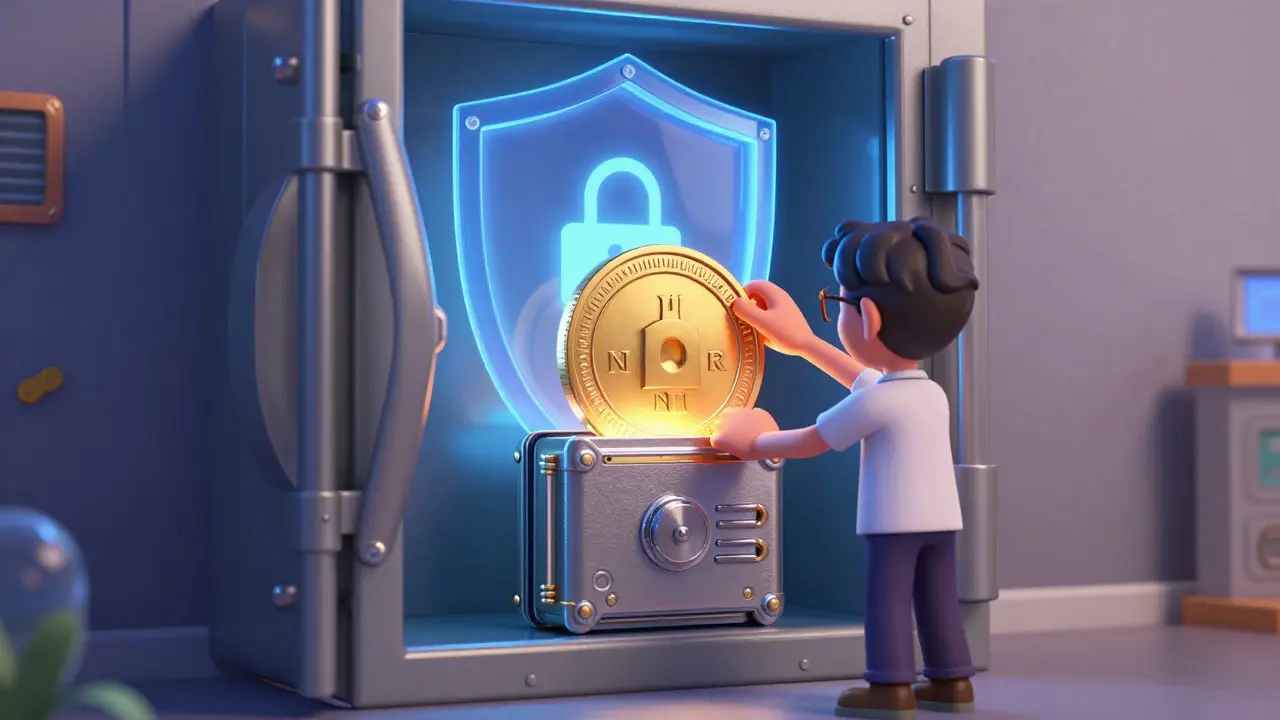Person securing a glowing digital token inside a futuristic hardware wallet