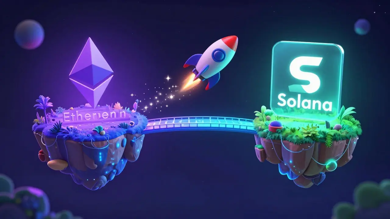 Stylized rocket ship traveling between two glowing cosmic blockchain islands