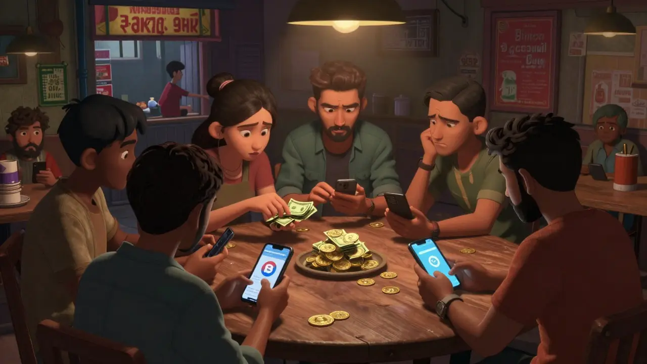 Underground crypto traders meeting secretly in dim room