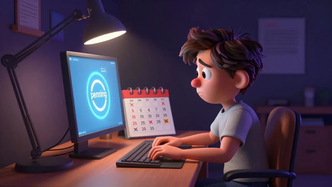 Worried person waiting for a crypto withdrawal with a pending screen and calendar