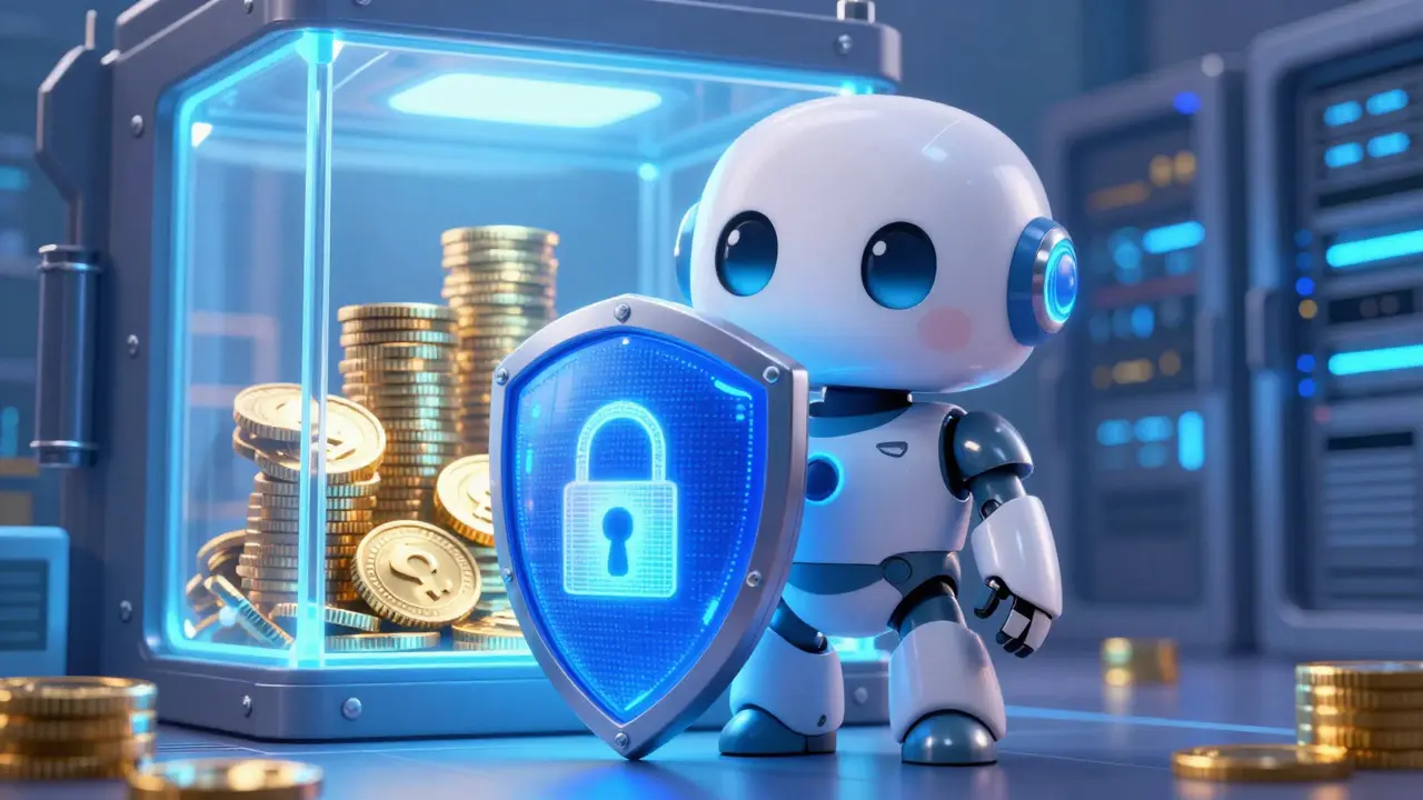 A friendly armored robot guards a glowing vault filled with crypto assets, symbolizing security and trust.
