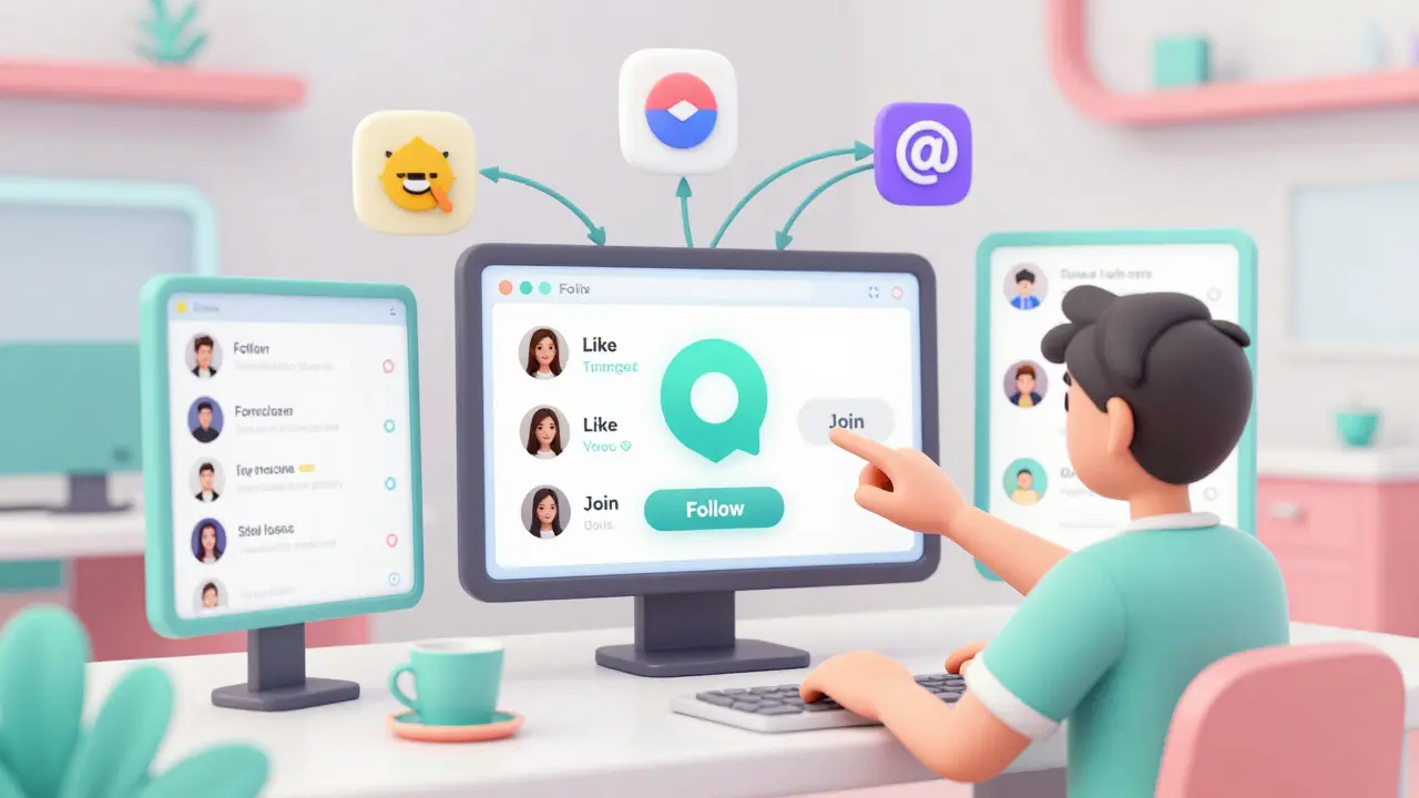 A friendly mascot guiding a user through social media tasks on floating screens.
