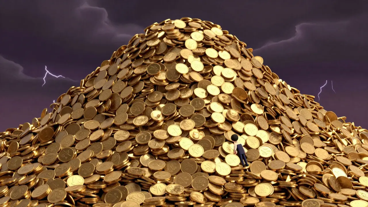 A huge pile of meme coins burying a small investor in a Pixar style