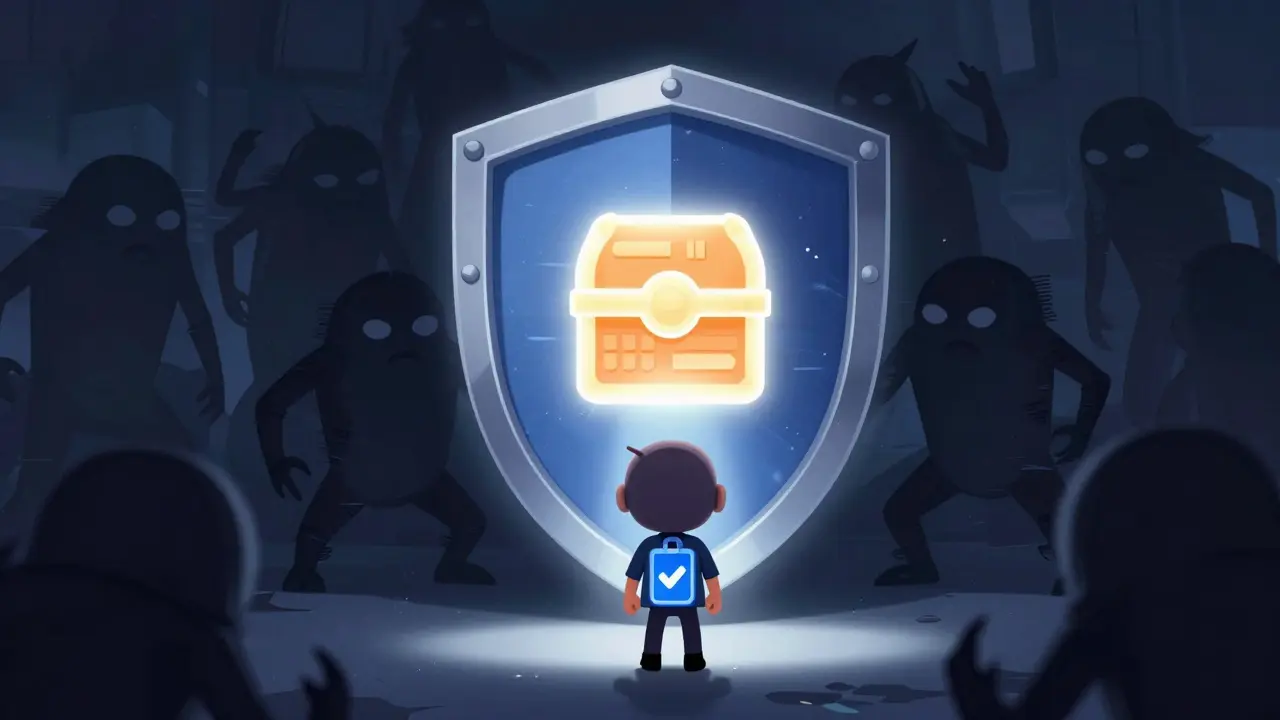 A protective shield blocking dark glitches from reaching a digital treasure chest.