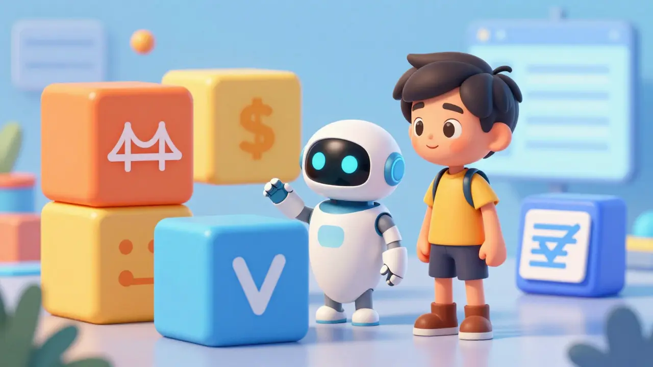 A robot teaching a child about crypto actions using colorful interactive blocks.