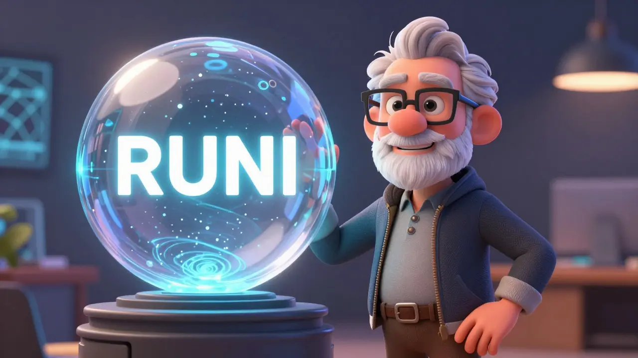 A wise investor character standing next to a glowing RUNI token crystal.