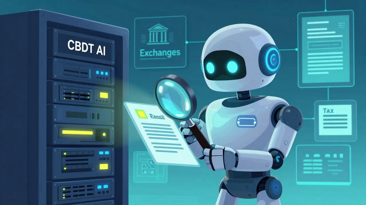 AI robot auditing crypto transactions for tax compliance in Pixar style.