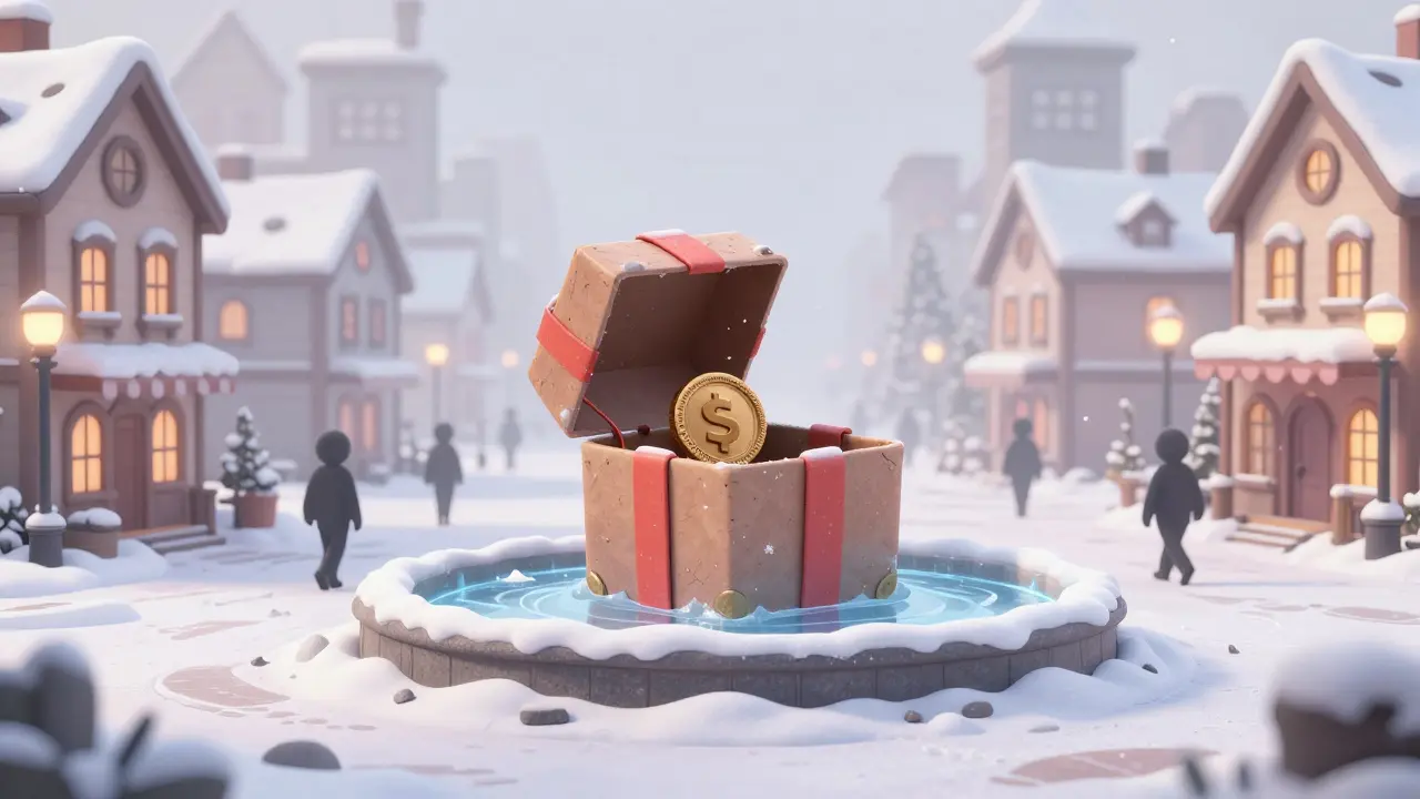 An empty, abandoned Christmas village with a dusty gift box