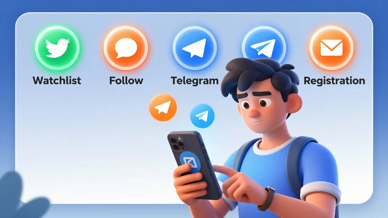 An illustrated hero checking off social media and registration tasks to enter a crypto airdrop campaign.