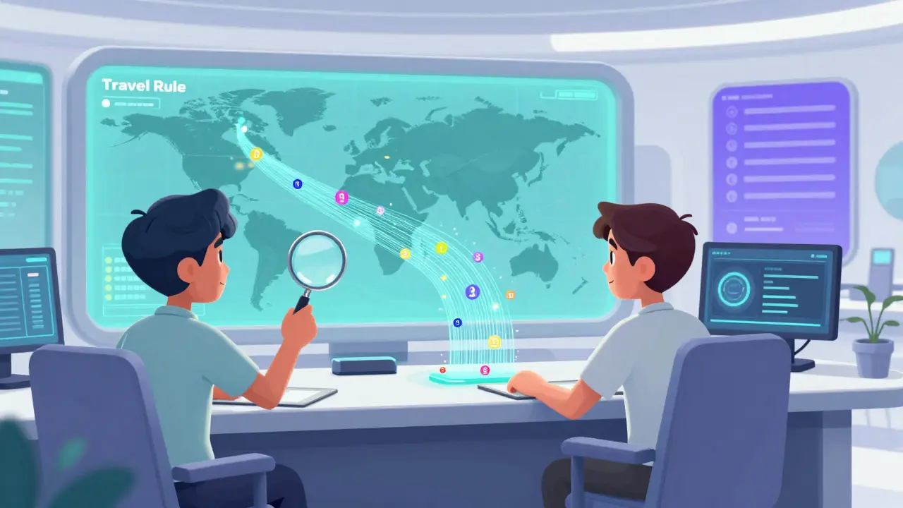 Analysts monitoring blockchain transactions for security compliance