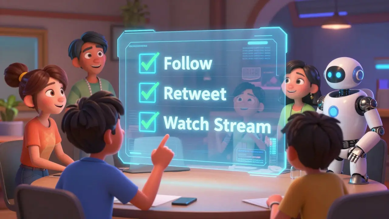 Animated characters checking off social media tasks on a holographic screen.