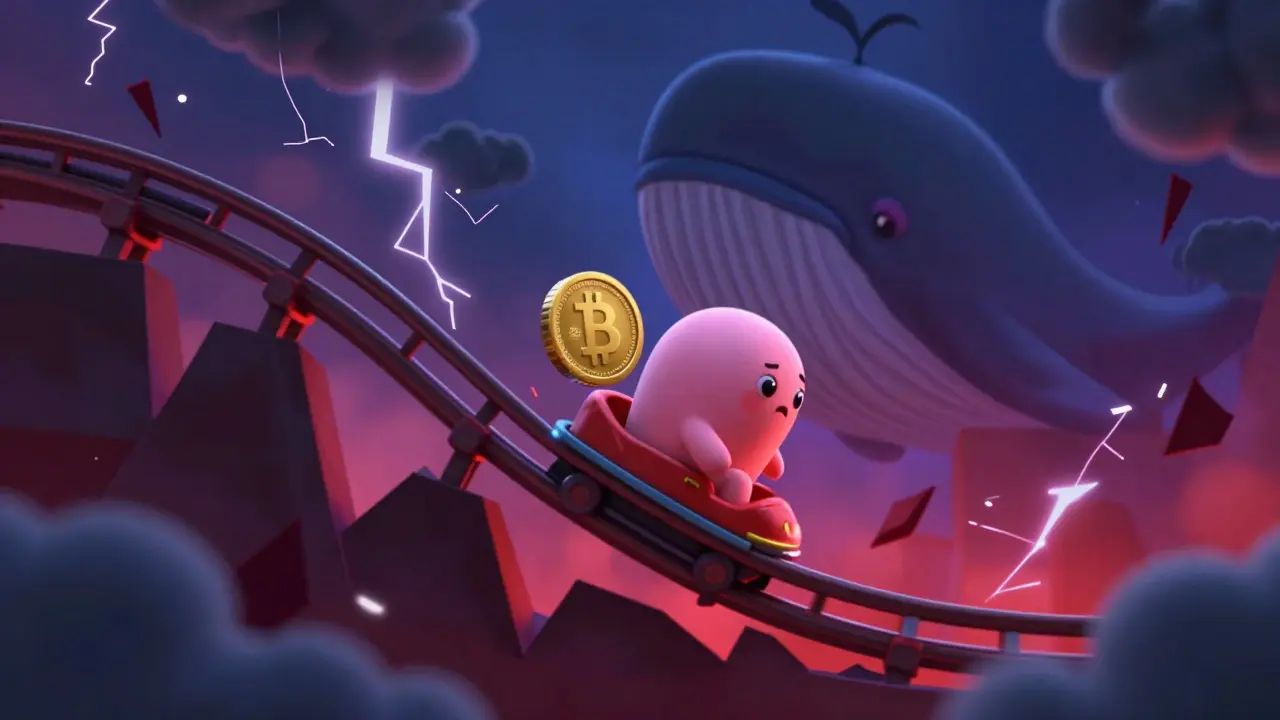 Animated coin character on a crashing rollercoaster illustrating high crypto volatility and risk.