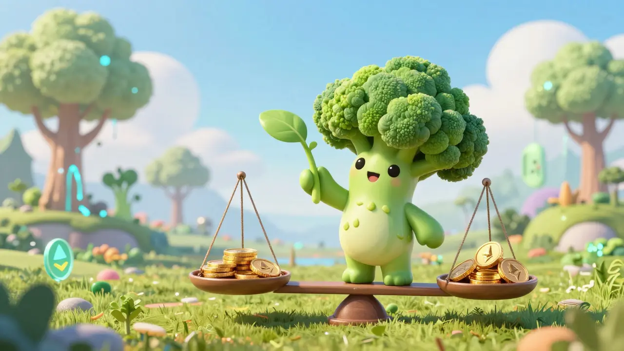 Broccoli mascot balancing nature and crypto coins in ReFi