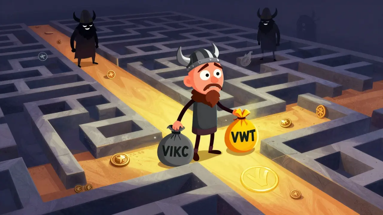 Cartoon character confused by similar Viking tokens, avoiding scam traps in a maze.
