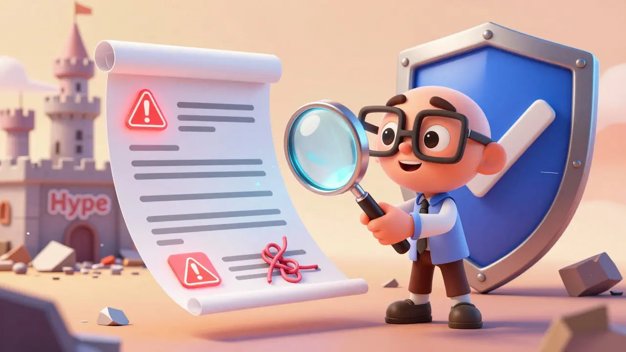 Cartoon character inspecting a risky crypto contract with a magnifying glass under bright light.