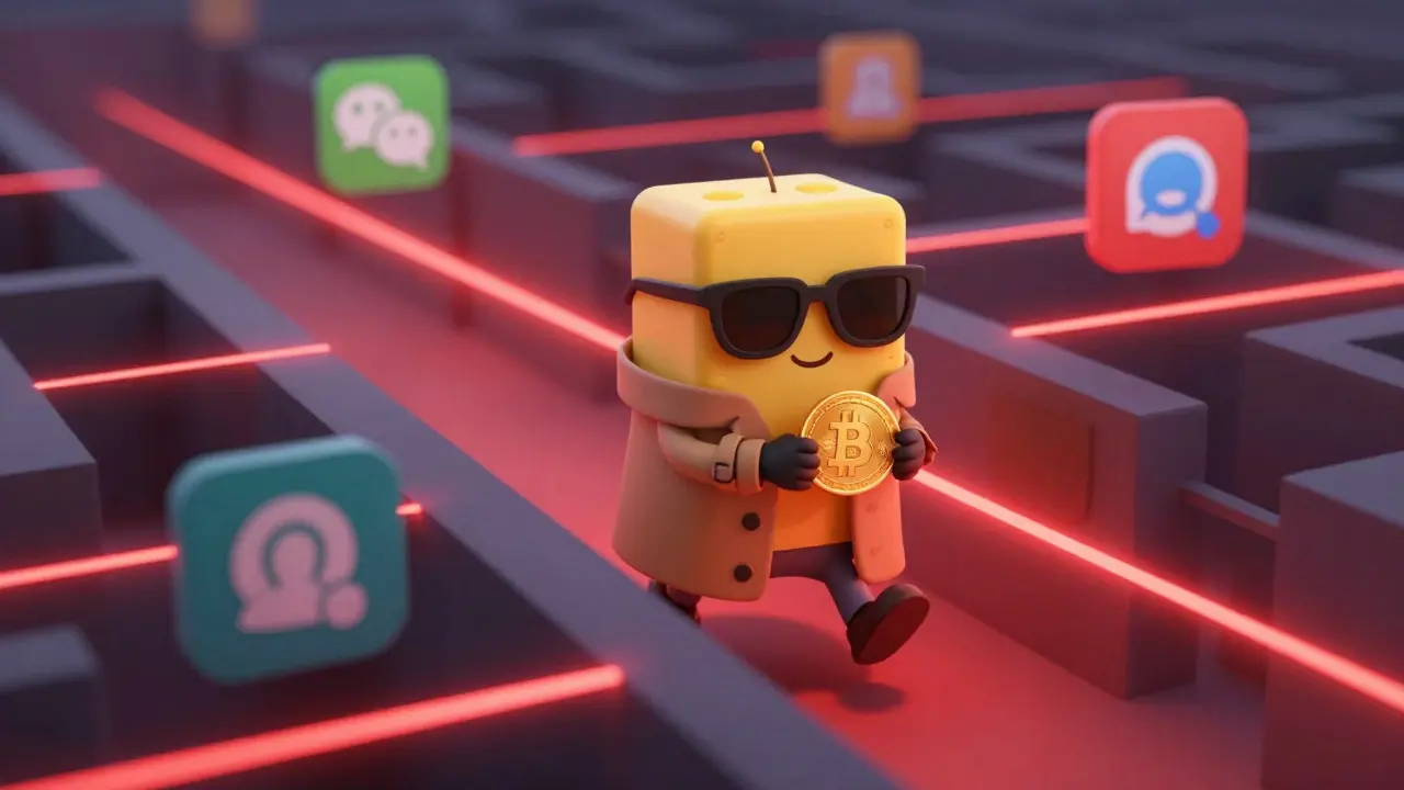 Cartoon data character sneaking past red firewall lasers while holding a Bitcoin coin.