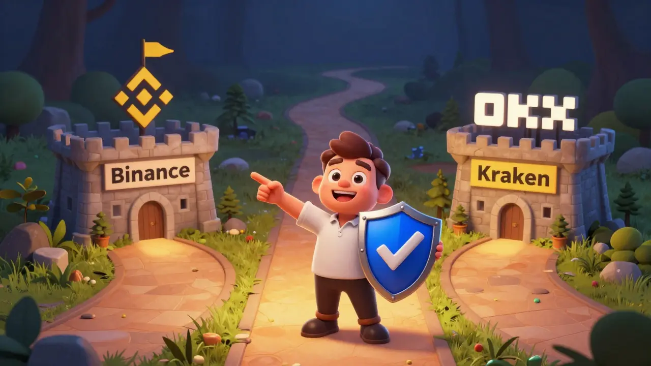 Cartoon guide directing traders toward safe, established crypto exchange alternatives.