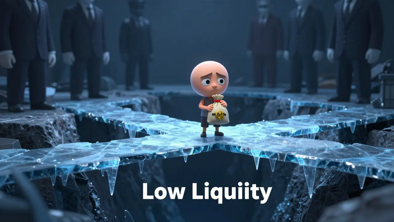 Character on fragile bridge representing crypto market risks