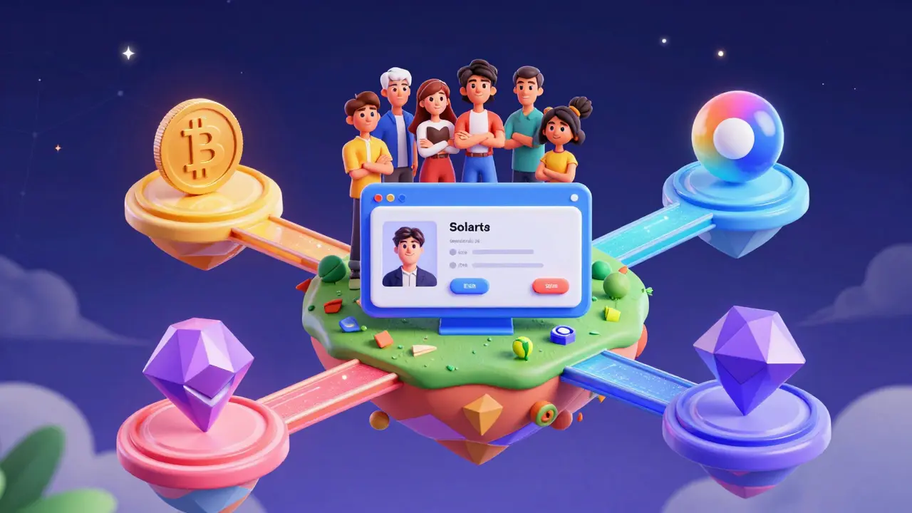 Characters managing assets across connected blockchain islands