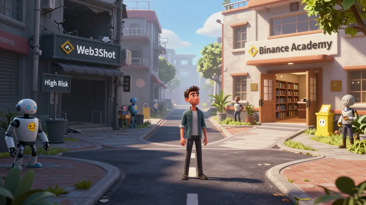 Choice between risky token path and safe learning academy