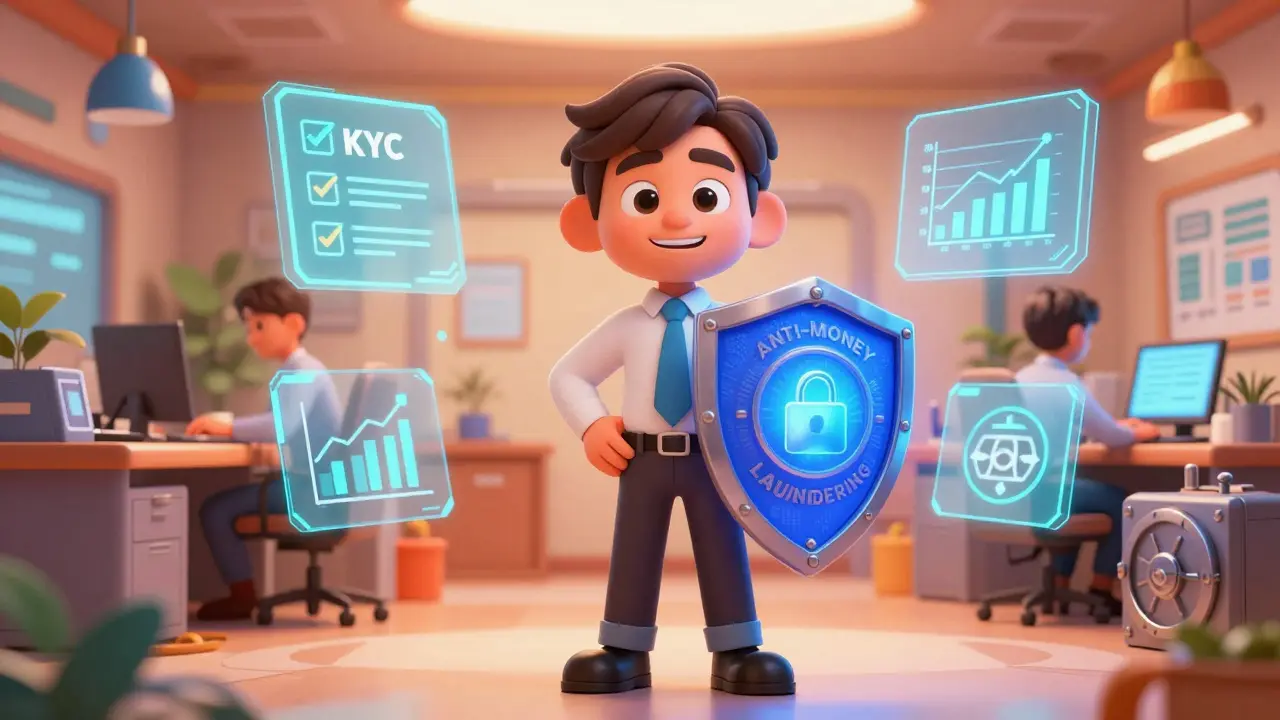 Compliance officer with shield in high-tech office