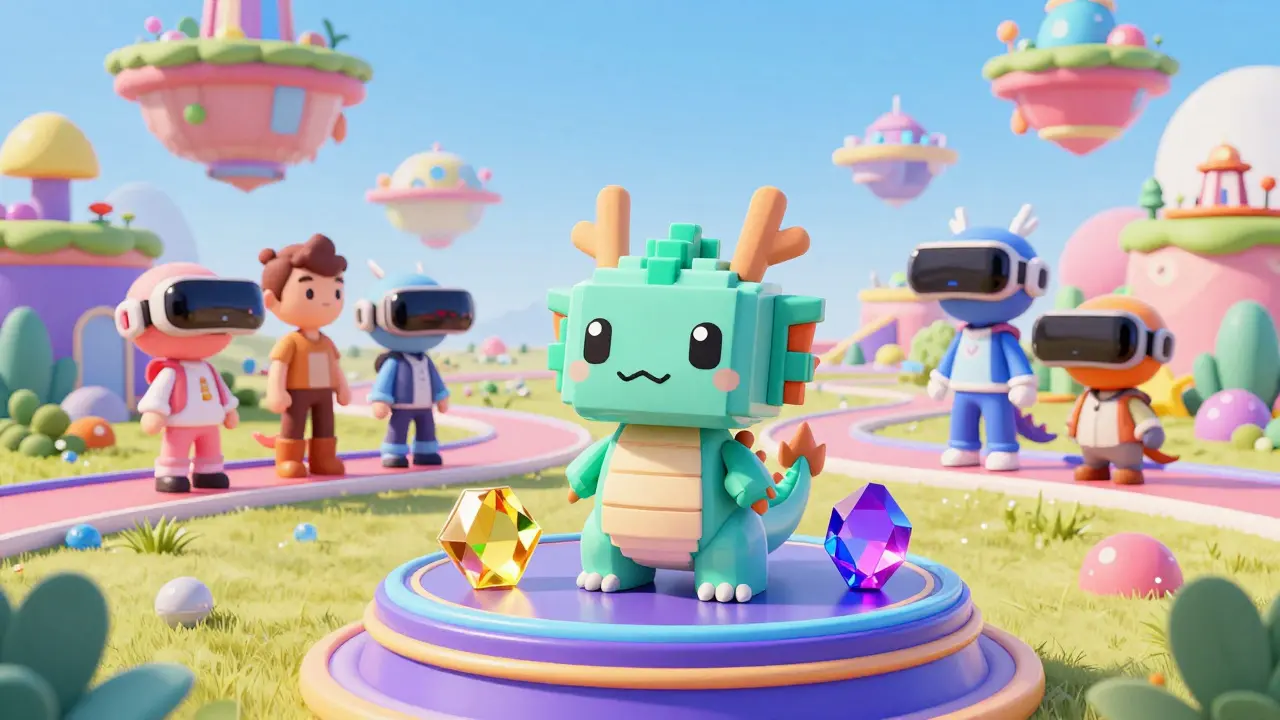 Cute animated avatars exploring a colorful VR metaverse with floating NFT collectibles in the background.