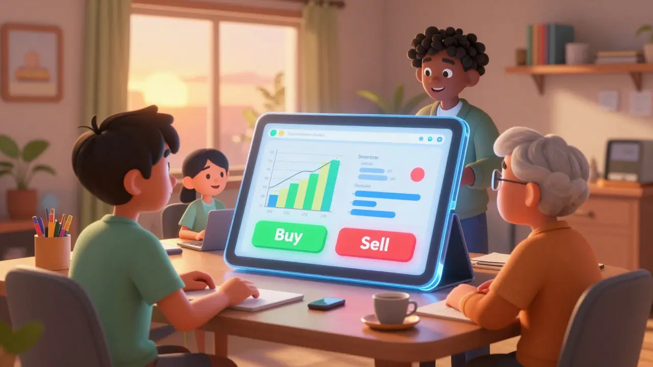 Diverse animated characters happily use a simple, clear trading interface on a large screen in a warm room.