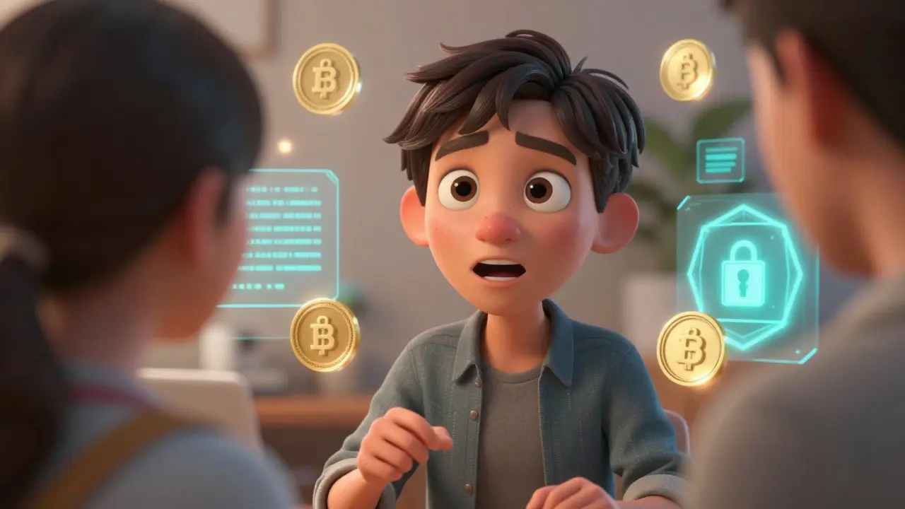 Expressive AI avatar interacting with a human amidst digital assets