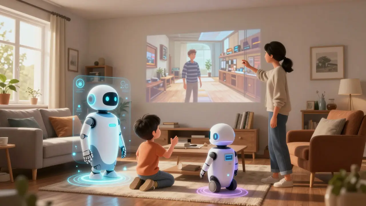 Family interacting with holographic displays in a smart home environment