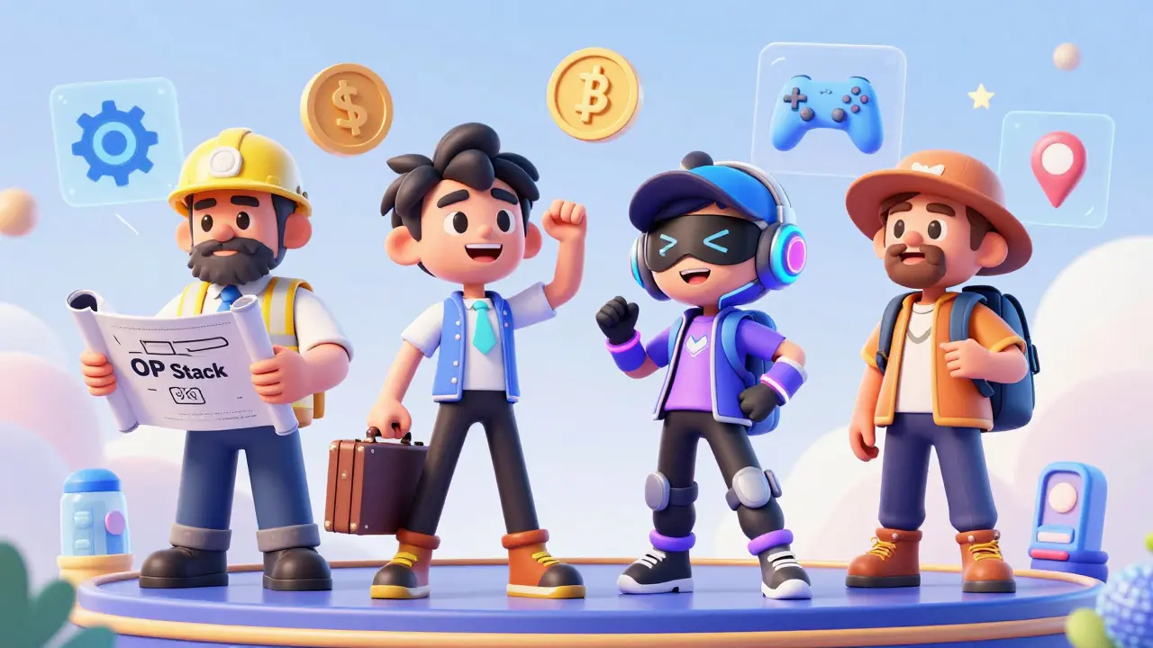 Four cartoon characters represent different blockchain frameworks: enterprise, DeFi, gaming, and global.
