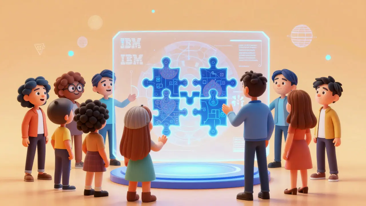 Friendly characters viewing a holographic blockchain foundation puzzle