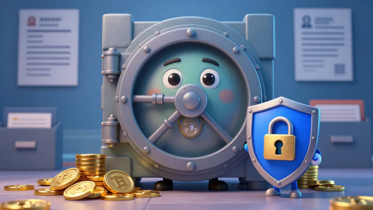 Friendly vault character guarding crypto assets with a shield representing security and compliance