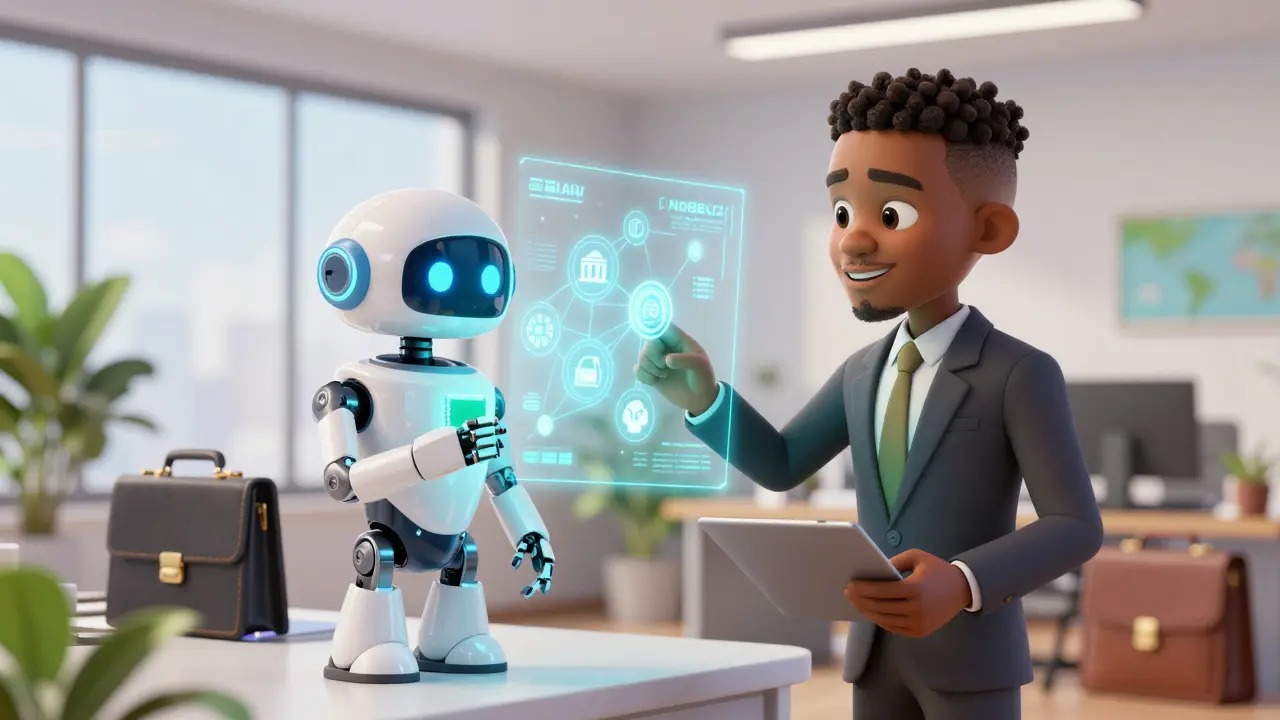 Futuristic office showing blockchain integration with traditional banking