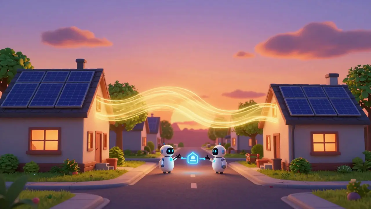 Houses trade solar energy via glowing beam in suburban neighborhood