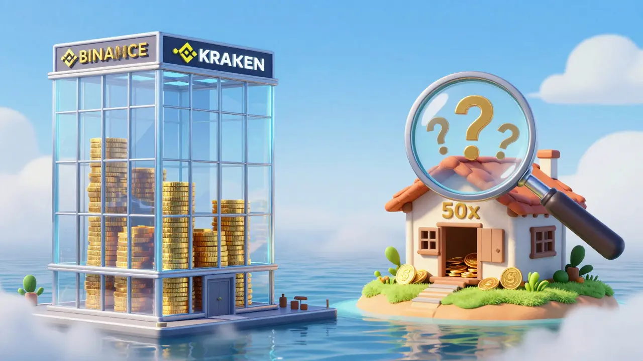 Illustration comparing transparent regulated exchanges with opaque offshore platforms.