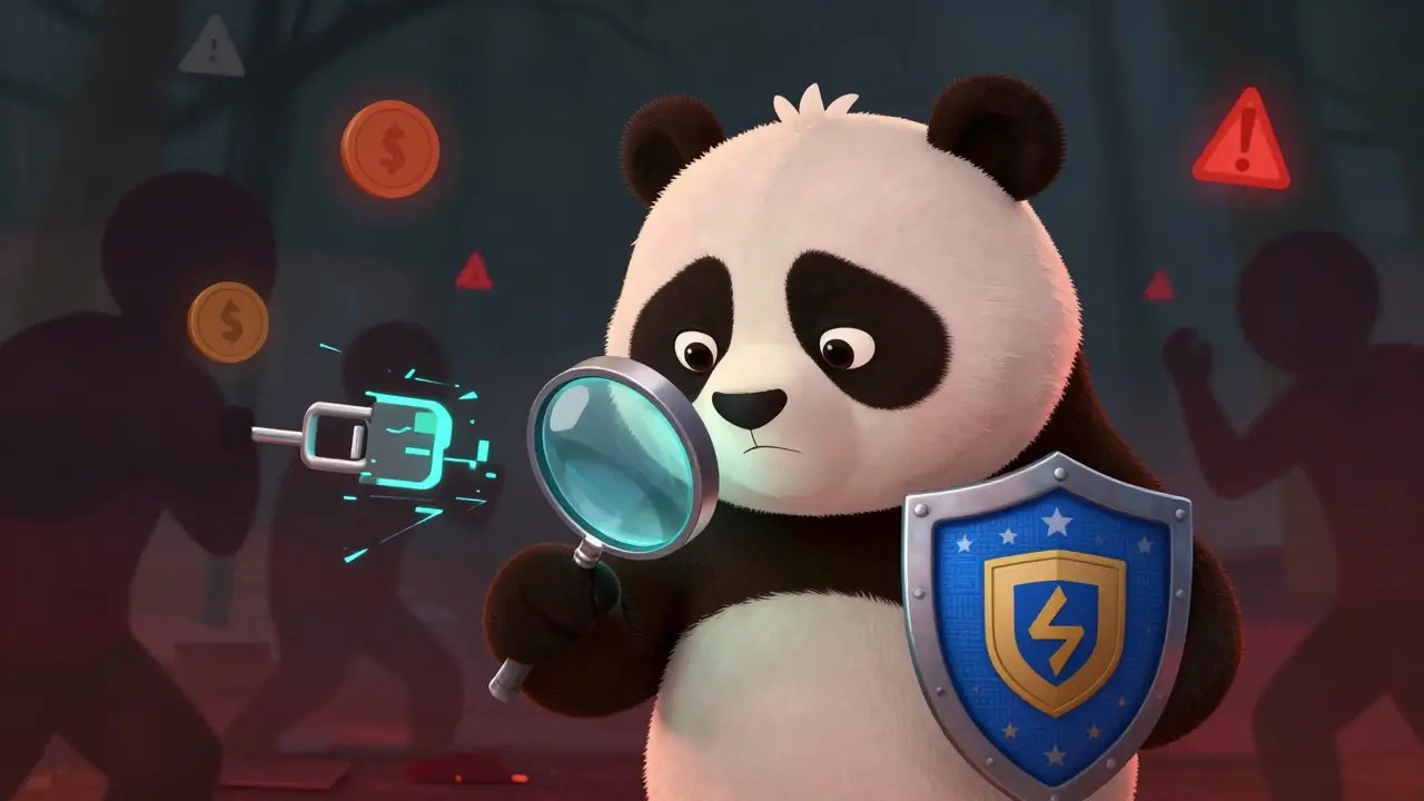 Pixar panda checking a suspicious link with a magnifying glass, avoiding crypto scams.