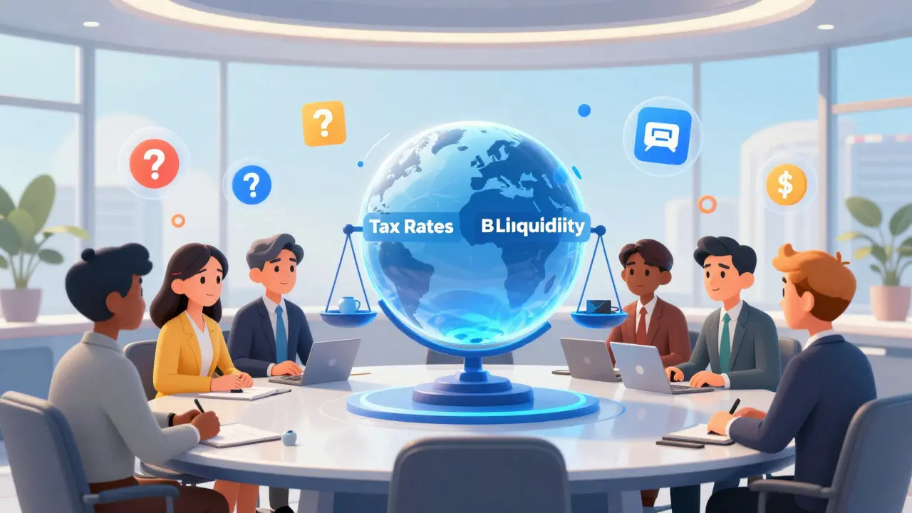Policy makers discussing future crypto tax rules in Pixar style.