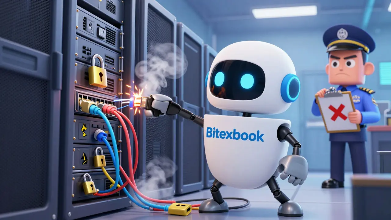 Robot failing to fix broken security servers while inspector watches