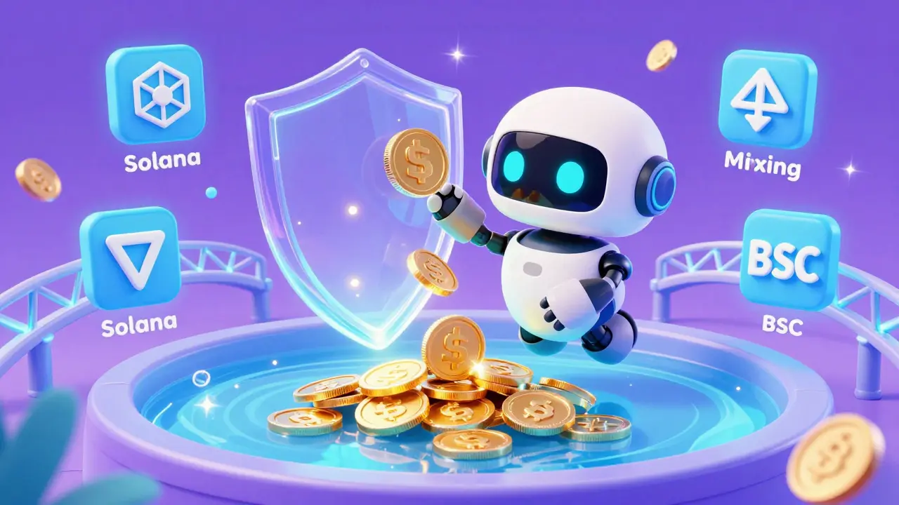 Robot mining tokens via privacy pools in Pixar style