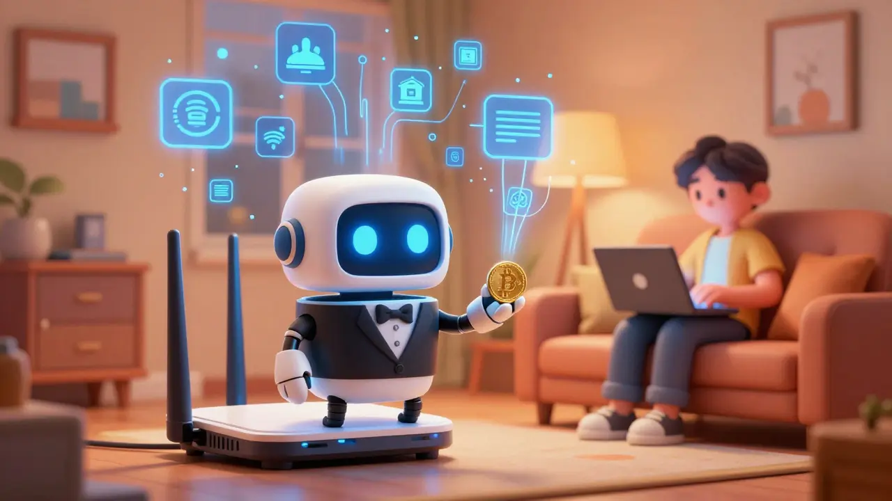Robot router selling internet access via Bitcoin micropayments.