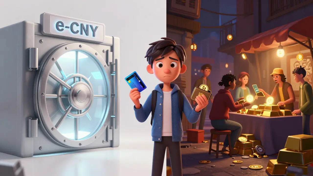 Split scene contrasting controlled e-CNY vault with chaotic underground crypto market.