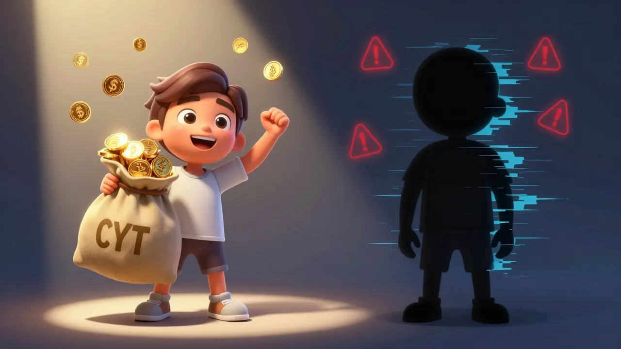 Split scene showing a winner with tokens and a cautionary glitch effect.