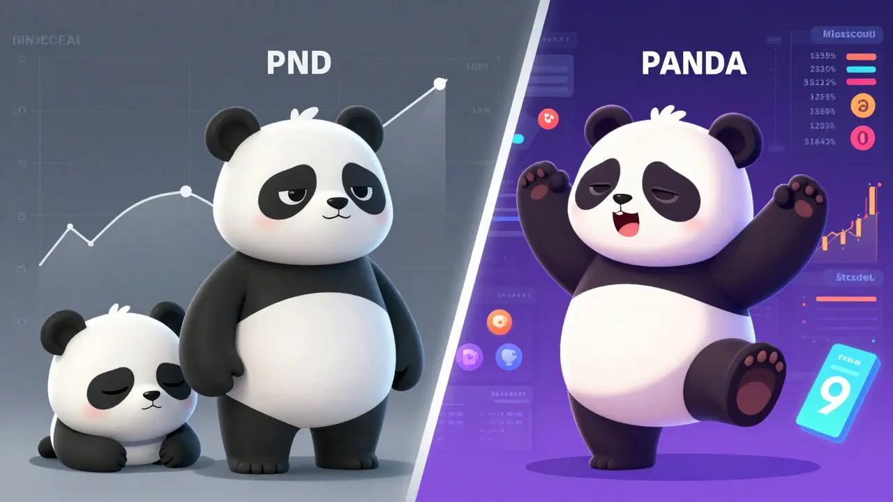 Split-screen Pixar art comparing inactive PND token vs active PANDA token with pandas.