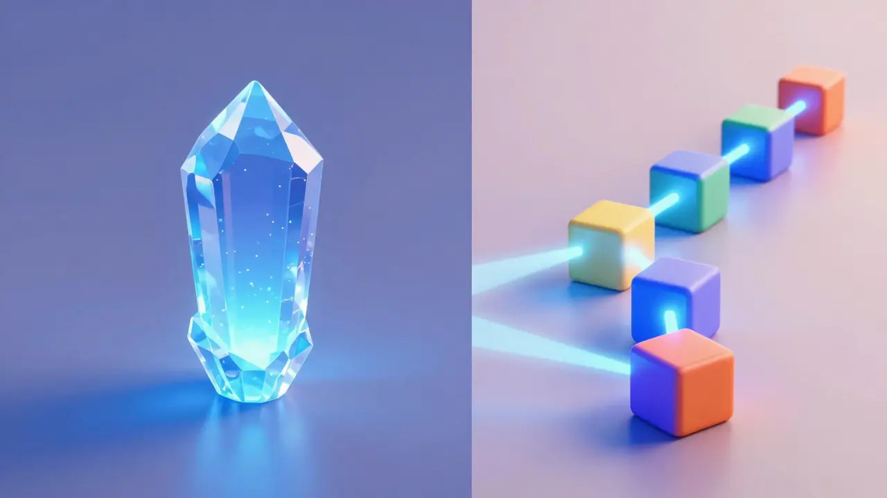 Split view comparing isolated genesis block to connected blockchain chain