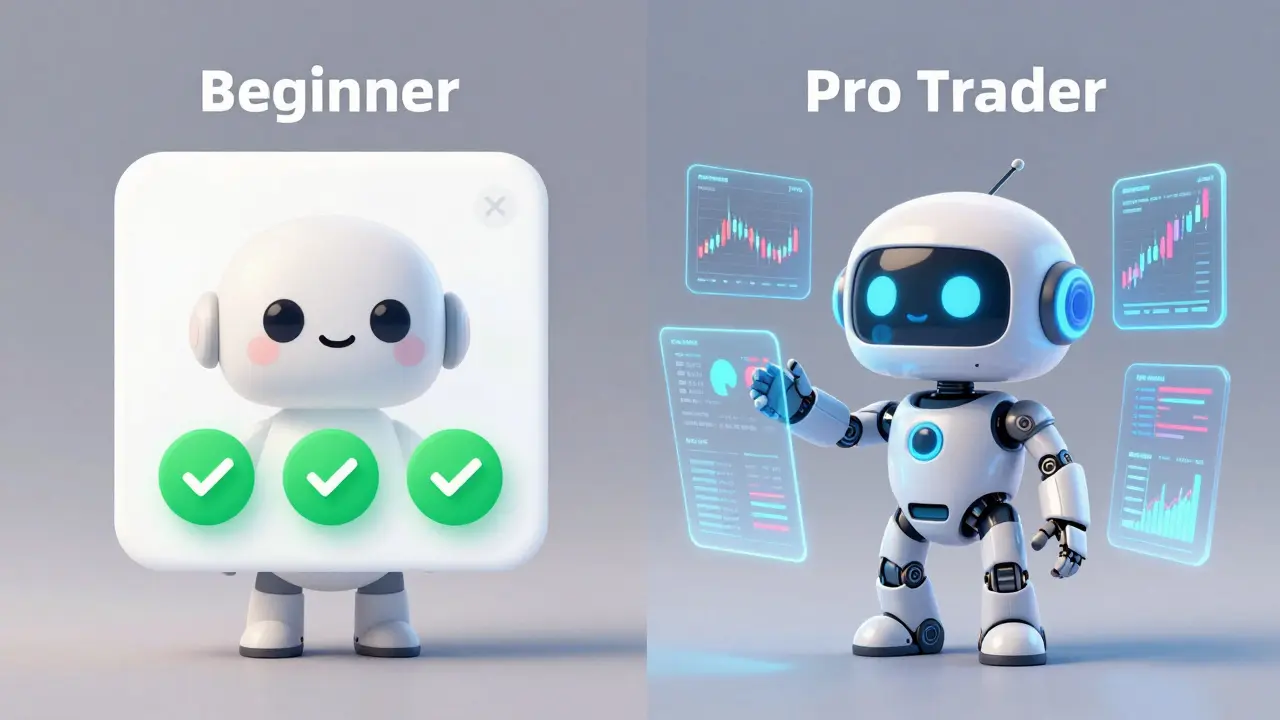 Split view showing a beginner using a simple app and a pro trader with complex holographic charts