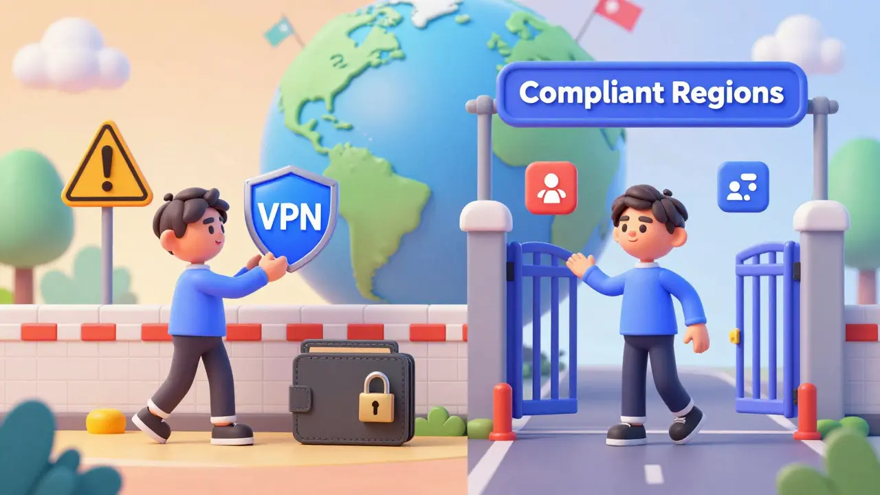 Split view showing VPN blockage vs compliant trading access